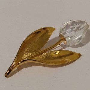 Crystal Flower Bud Golden Leaf Stem Brooch Pin